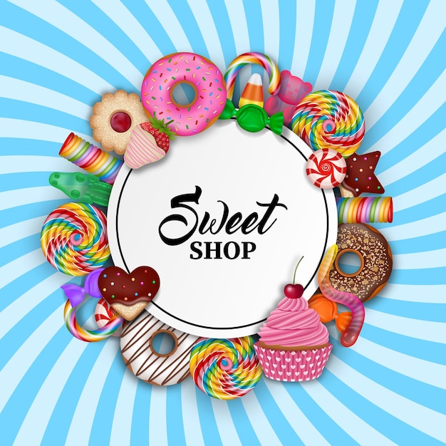 Sweets background Realistic cakes cookies and candies frame with text