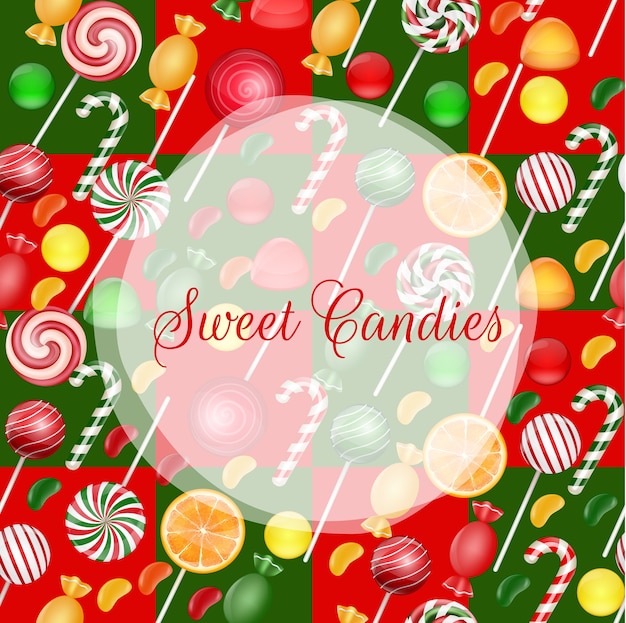 Vector sweets background with lolipop and orange slice