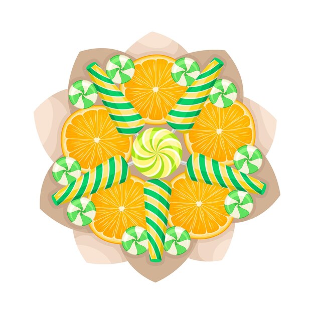 Sweets bouquet with striped candies and orange slices wrapped in paper pack view from above vector