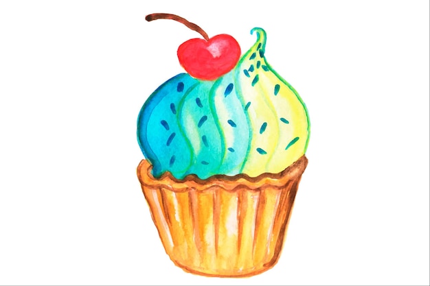 Sweets Cake.Watercolor illustration of confectionery.Watercolor delicious cupcake with small.