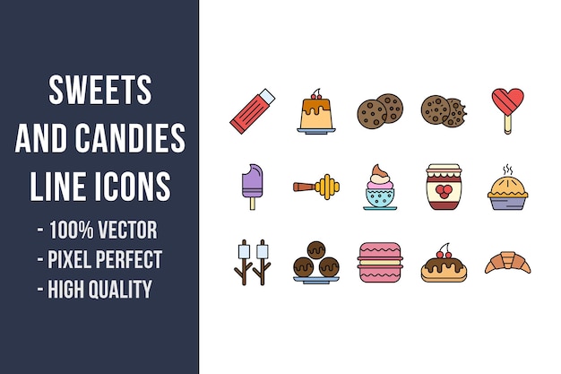 Sweets and candies line color icons