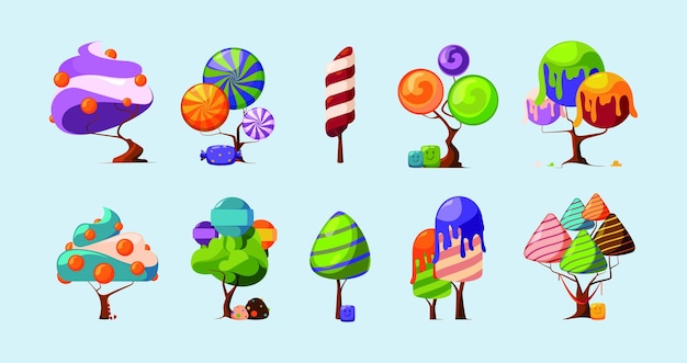 Sweets collection cream delicious fantasy sugar trees fantastic candies cake lollipops magic food garish vector colored pictures set