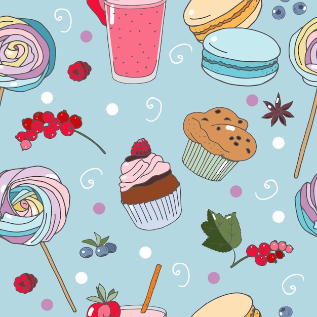 Vector sweets desserts and berries seamless pattern