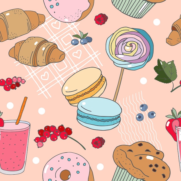 Sweets desserts and berries seamless pattern