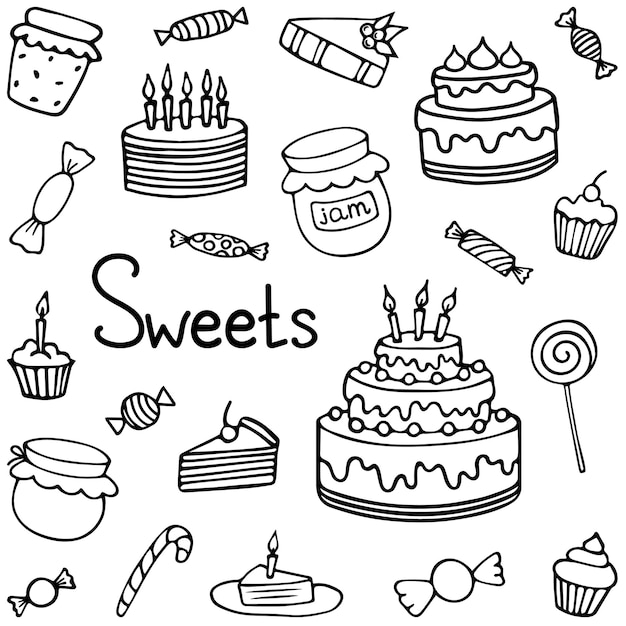 Sweets and desserts in doodle style vector contour illustration