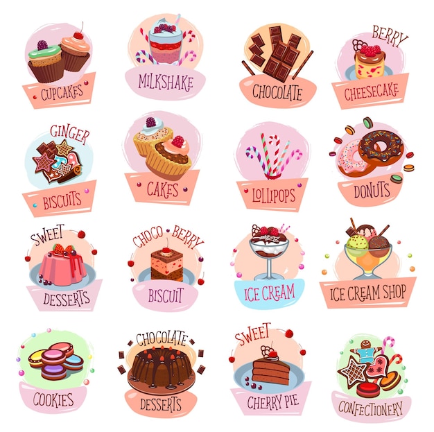 Dolci, dessert, gelato e cioccolato icone vettoriali di cibi dolci. torte, ciambelle e cupcake, caramelle, macaron e muffin, simboli di biscotti, budini e panpepato, pasticceria, caffè e confetteria