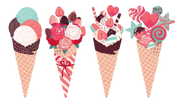 Vector sweets ice cream waffle cone set