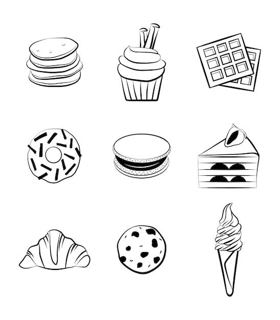 Sweets icon set vector graphic line art design element waffle cake pancake cupcake ice cream donut cookies biscuit macaroon croissant breakfast tasty food emblem Doodle black outline drawing