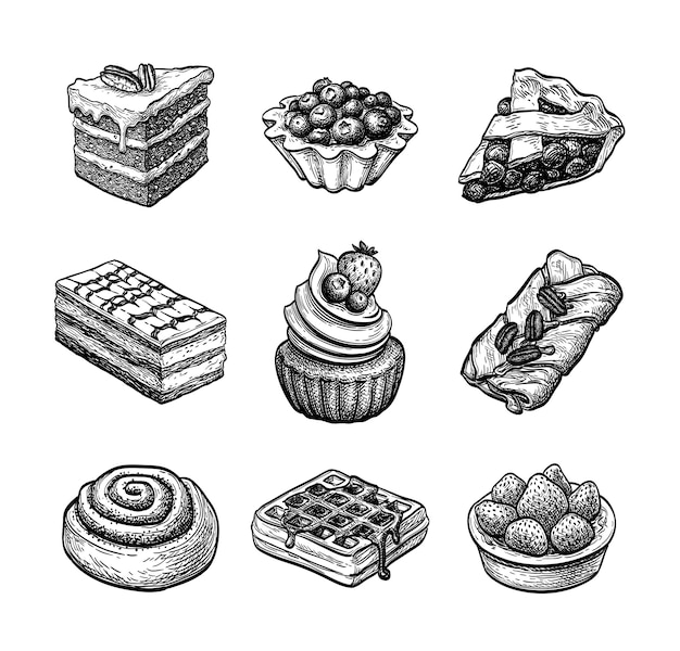 Sweets and pastries ink sketches set