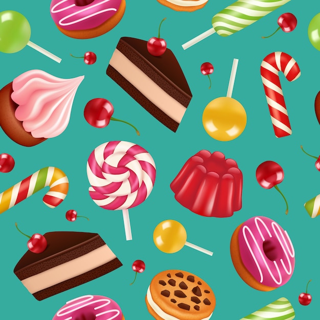 Seamless pattern di dolci. lecca lecca di caramelle cupcake vacanza e torta alla crema con motivo colorato di frutti di ciliegia