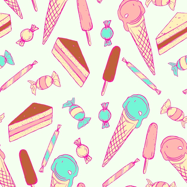 sweets seamless vector pattern ice cream piece of cake and candy hand drawn sketch illustration