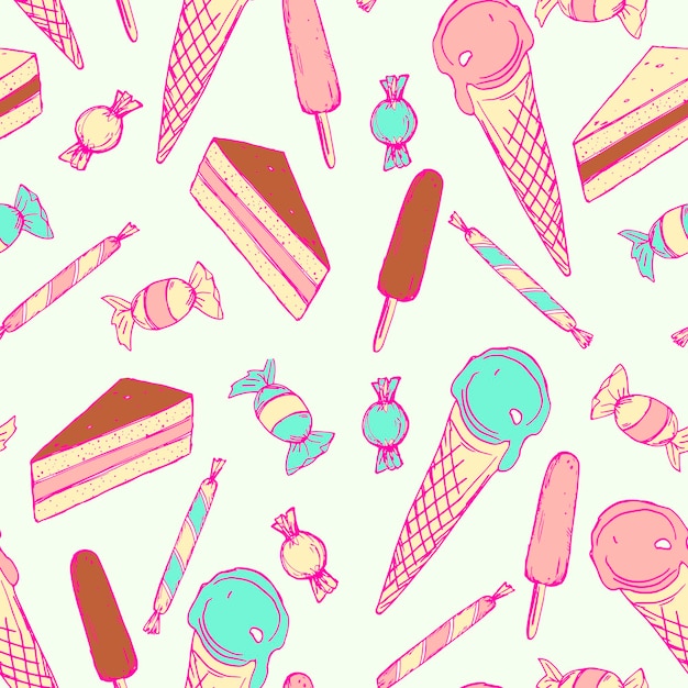 Sweets Seamless vector pattern Ice cream piece of cake and candy hand drawn sketch illustration