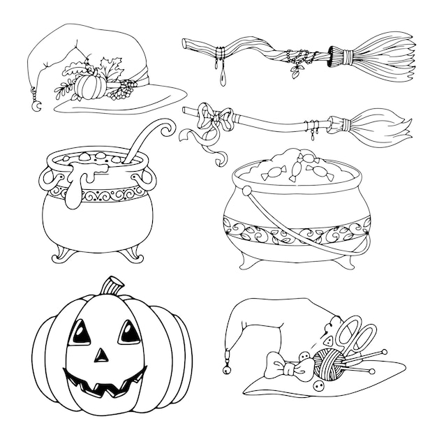 Sweets. A set of items for Halloween. Coloring. Gloomy Doodles. Vector illustration isolated on white background