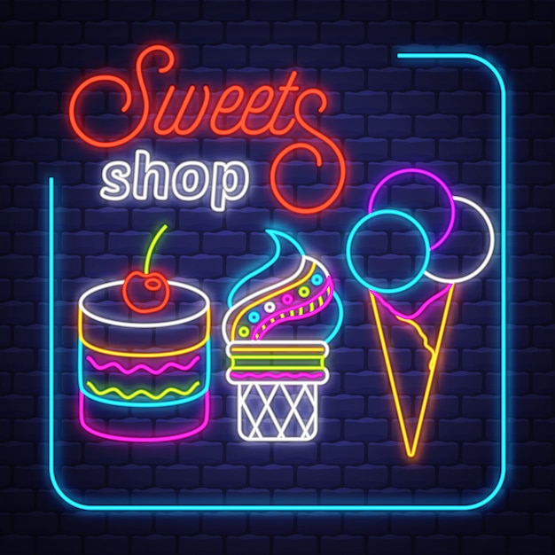 Sweets Shop- Neon Sign Vector. Sweets Shop - neon sign on brick wall background