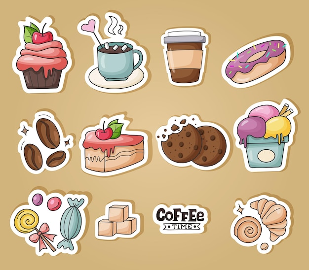 Vector sweets stickers set cakes biscuits baking cookie pastries donut ice cream coffee