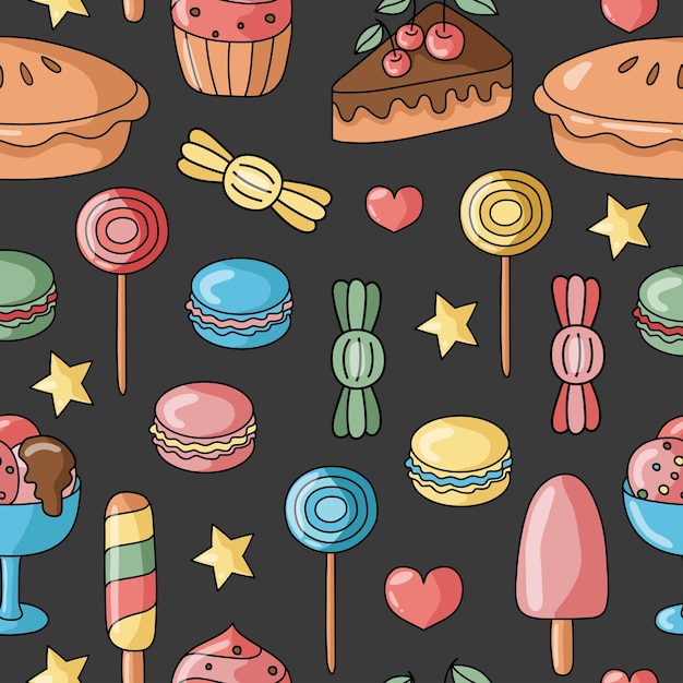 Sweets. Vector seamless pattern. Isolated on dark background