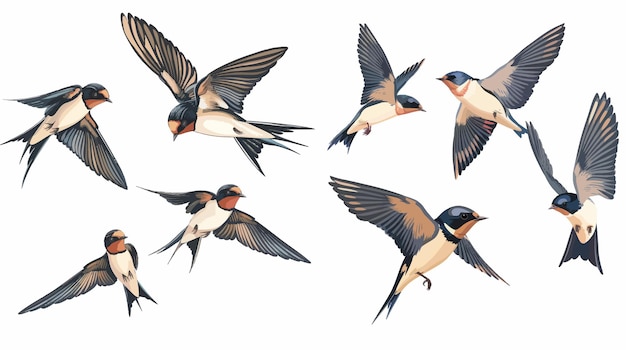 スイフト・ブラック・ホワイト・バード・フラック・スワロー・ベクトル・セット (Swallow vector set) 群れ・スワロウ・ウィング・グループの鳥のイラスト