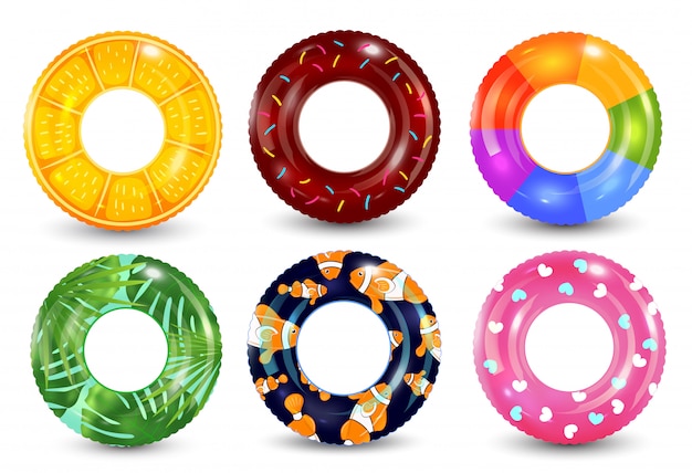 swim rings set on white background. inable rubber toy. lifebuoy colorful  collection. summer. realistic summertime illustration. 