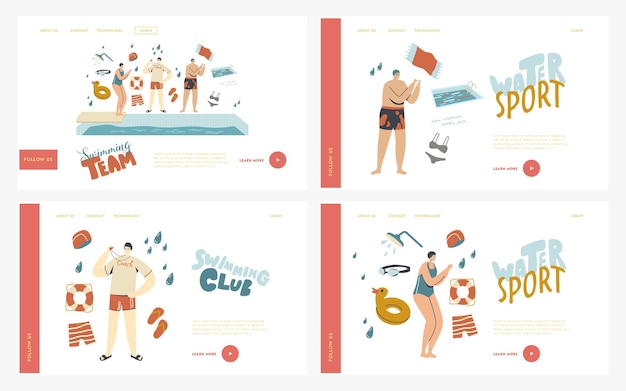 Swimmers characters in pool landing page template set. swimming coach teaching woman stand at poolside wear hat and glasses prepare to jump. learning to swim sport. linear people vector illustration