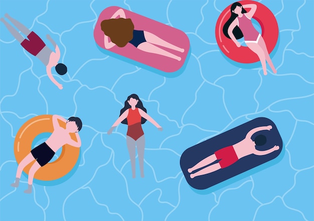 Swimming Background Vector Illustration In Flat Cartoon Style. People Dressed Swimwear, Swim In Summer And Performing Water Activities