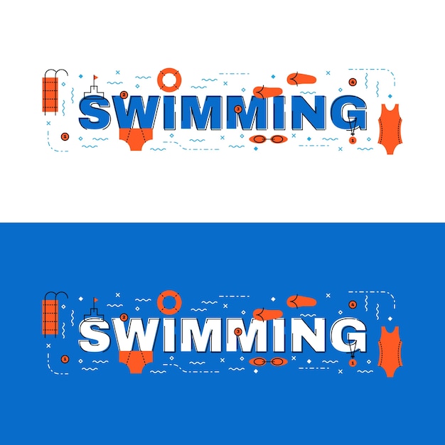 Vettore banner di nuoto, nuoto lettering design linea piatta con icone