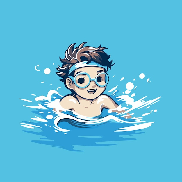 Swimming boy with glasses in a swimming pool Vector illustration