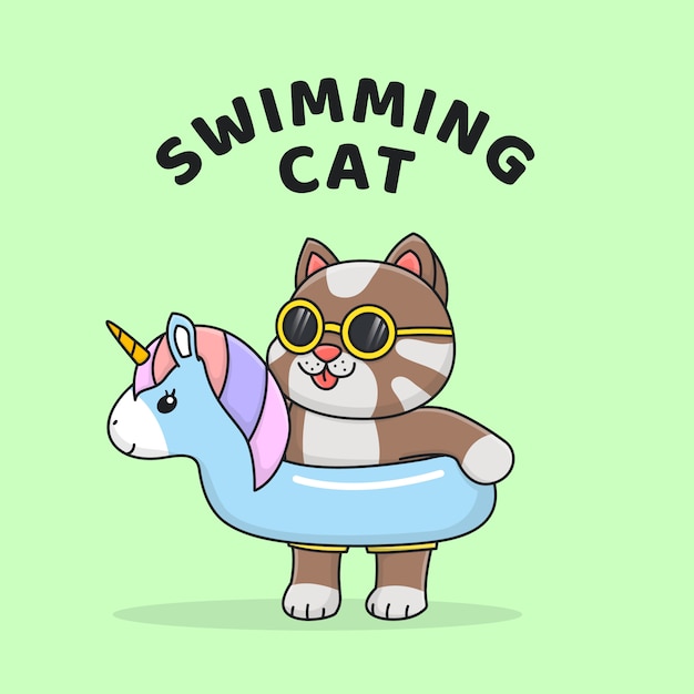 Gatto di nuoto con galleggiante unicorno indossando occhiali da sole