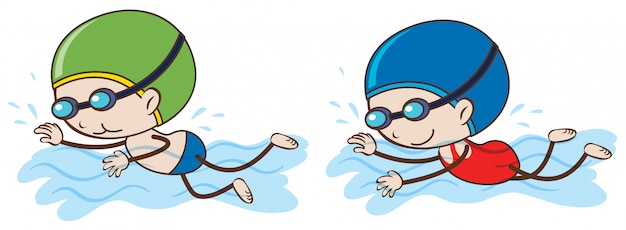 Swimming doodle kids on white background