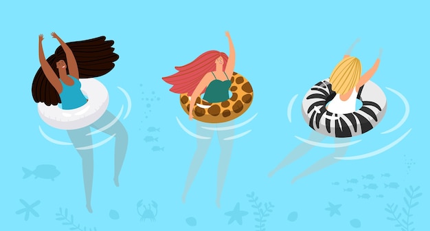 Vector swimming girls. sea vacations, woman swim in water pool with rubber ring. happy ocean beach holidays vector banner