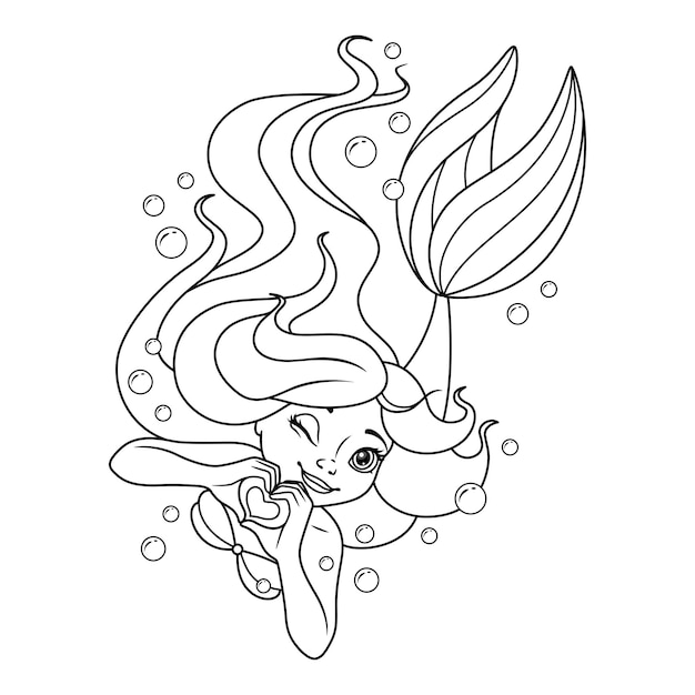 Swimming mermaid coloring page black and white cartoon illustration