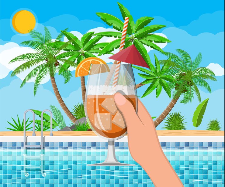 Vector swimming pool and cocktail, palm tree