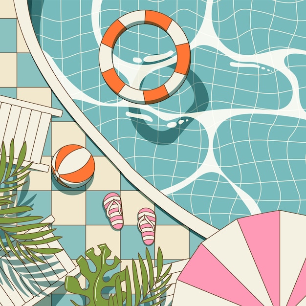 swimming pool in cute cartoon style top view flat summer illustration hotel vacation concept