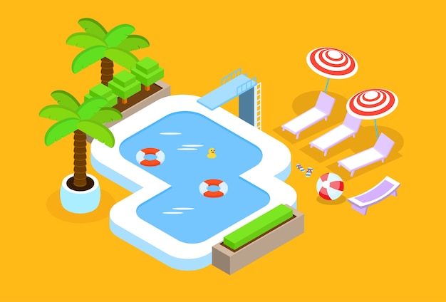 Vector swimming pool hotel summer vacation 3d isometric design