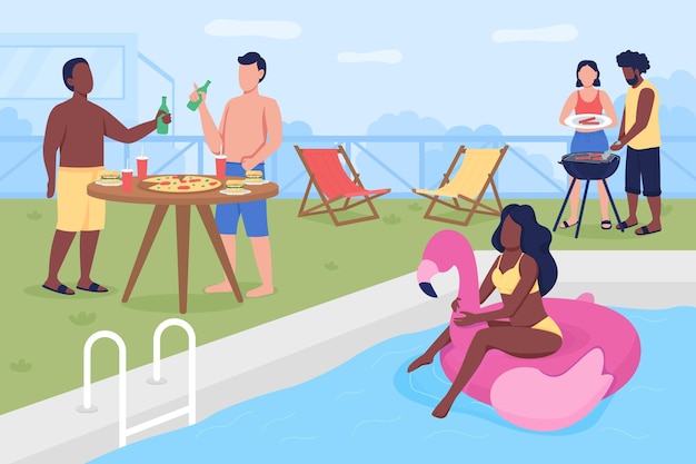 Swimming pool party flat . summer party in backyard. friends and family meeting outdoor. summer gathering. resting teens 2d cartoon faceless characters with pool