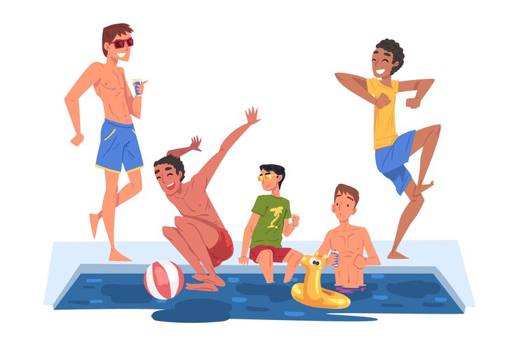 Vector swimming pool party happy guys having fun outdoors enjoying summer vacation cartoon style vector illustration isolated on white background