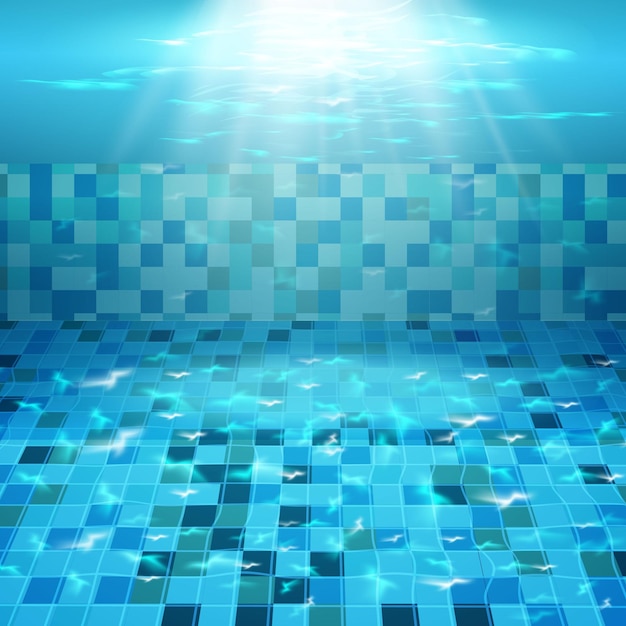 푸른 물이 있는 수영장. 물 표면과 타일 바닥의 질감