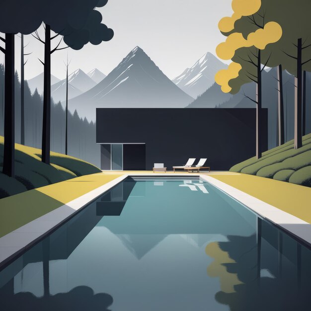 Vector swimming pool with mountains and forest swimming pool with mountains and forest mountain lake i