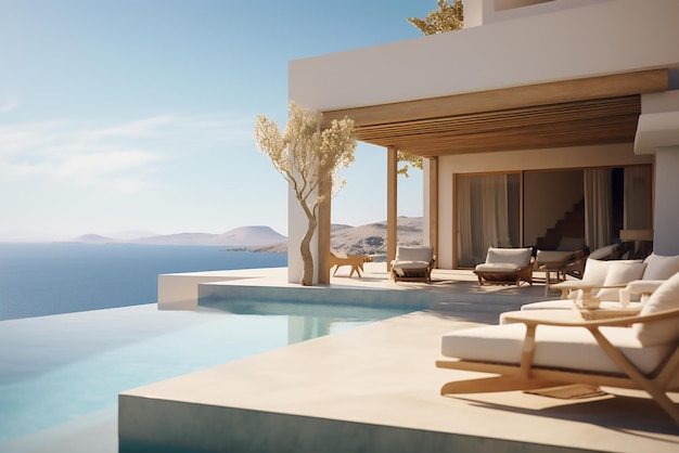 Vettore piscina con vista sul mare architettura bianca sull'isola di santorini grecia paesaggio bellissimo