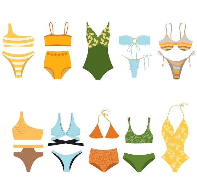 Tipi di costumi da bagno illustrazione vettoriale piatta, set bikini, set bikini stampato, costumi da bagno per donna