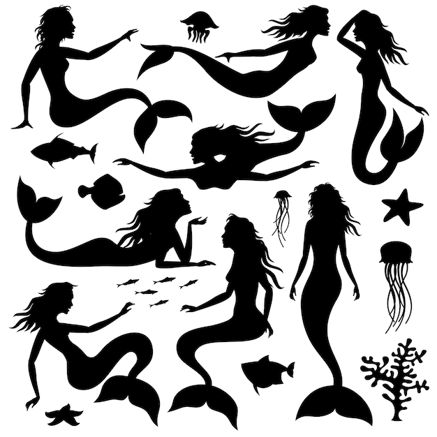 Vector swimming underwater mermaid black vector silhouettes