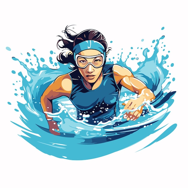 スポーツウェアとメガネを着た水泳の女性ベクトルイラスト