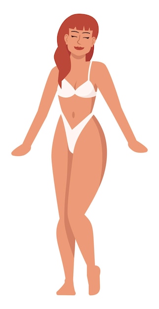 Vector swimsuit model with tanned skin semi flat rgb color vector illustration. posing figure. self-acceptance. person promoting body positivity approach isolated cartoon character on white background