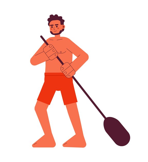 Costume da bagno uomo che tiene la pagaia semi piatto personaggio vettoriale colorato attività fisica paddleboarding editabile persona a corpo intero su bianco semplica illustrazione di spot di cartone animato per web graphic design