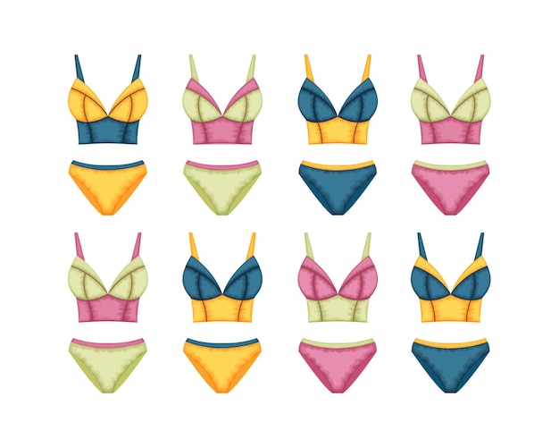 Vector swimwear set a large collection of separate swimsuits in red green blue and yellow colors women s be