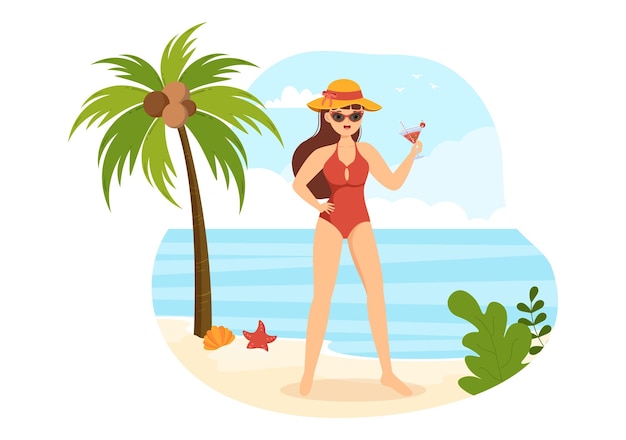 Costumi da bagno con diversi disegni di bikini e costumi da bagno per le donne all'illustrazione summer beach