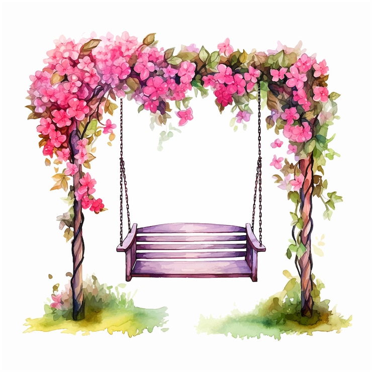 Vector swing chair with flowers watercolor paint