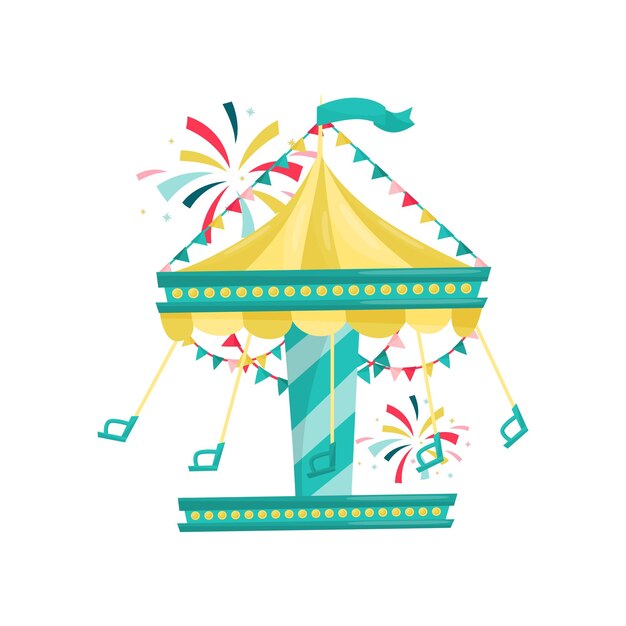 Vector swinging carousel with chairs decorated with bunting flags amusement park funfair attraction flat