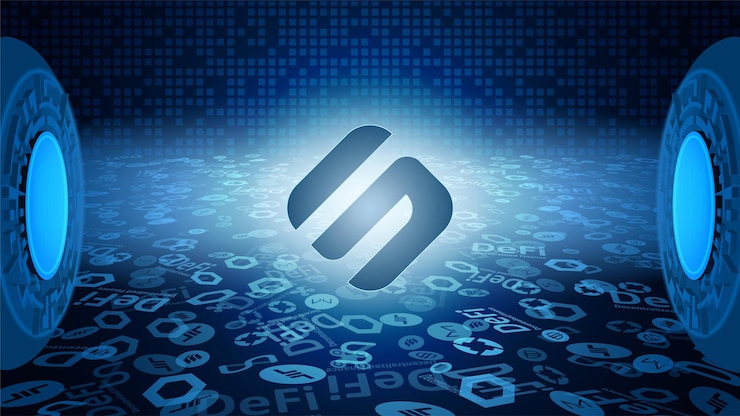Vector swipe sxp token symbol of the defi system shining in the rays of light. cryptocurrency logo icon. decentralized finance programs. vector eps10.