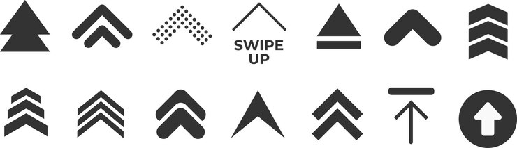 Swipe up, set of buttons for social media. Black arrows, buttons and web icons for advertising