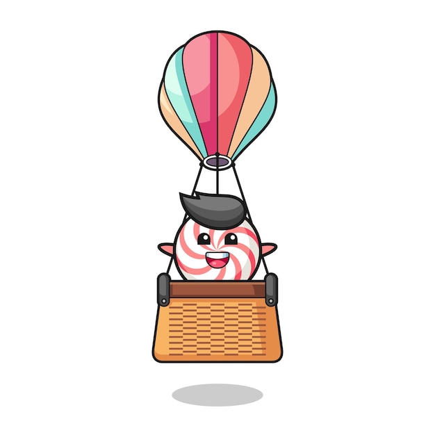 Swirl lollipop mascot riding a hot air balloon , cute design